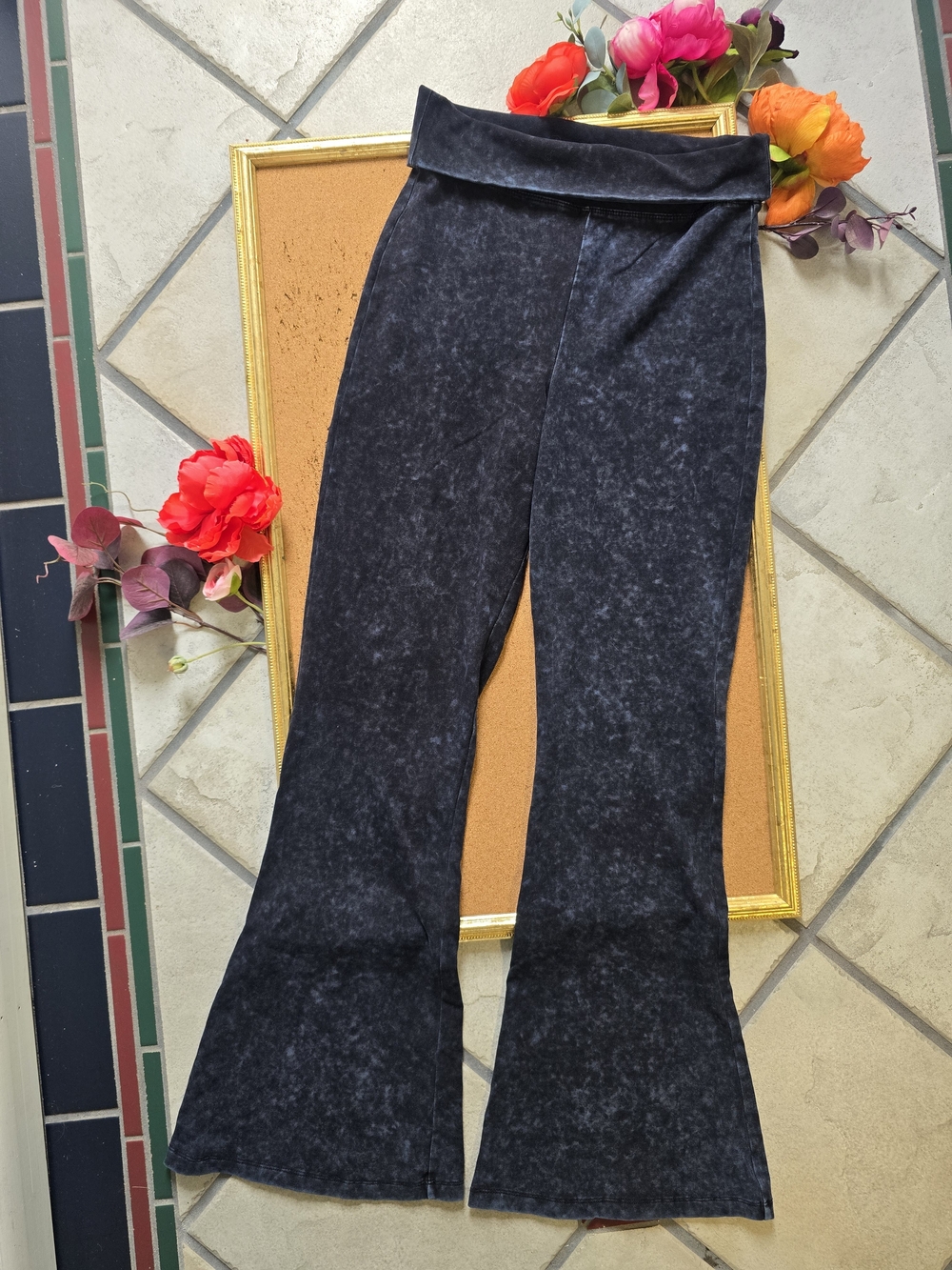 NanaMacs Black Mineral-Wash Flare Pants